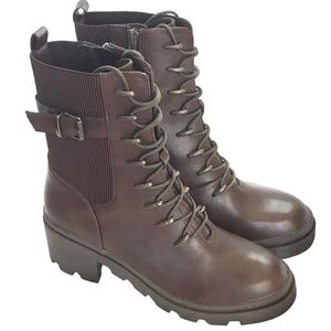 🆕TAHARI MELISSA Chunky Ankle Boot 8.5 Brown Vegan Leather Lace-up/ Zip Combat